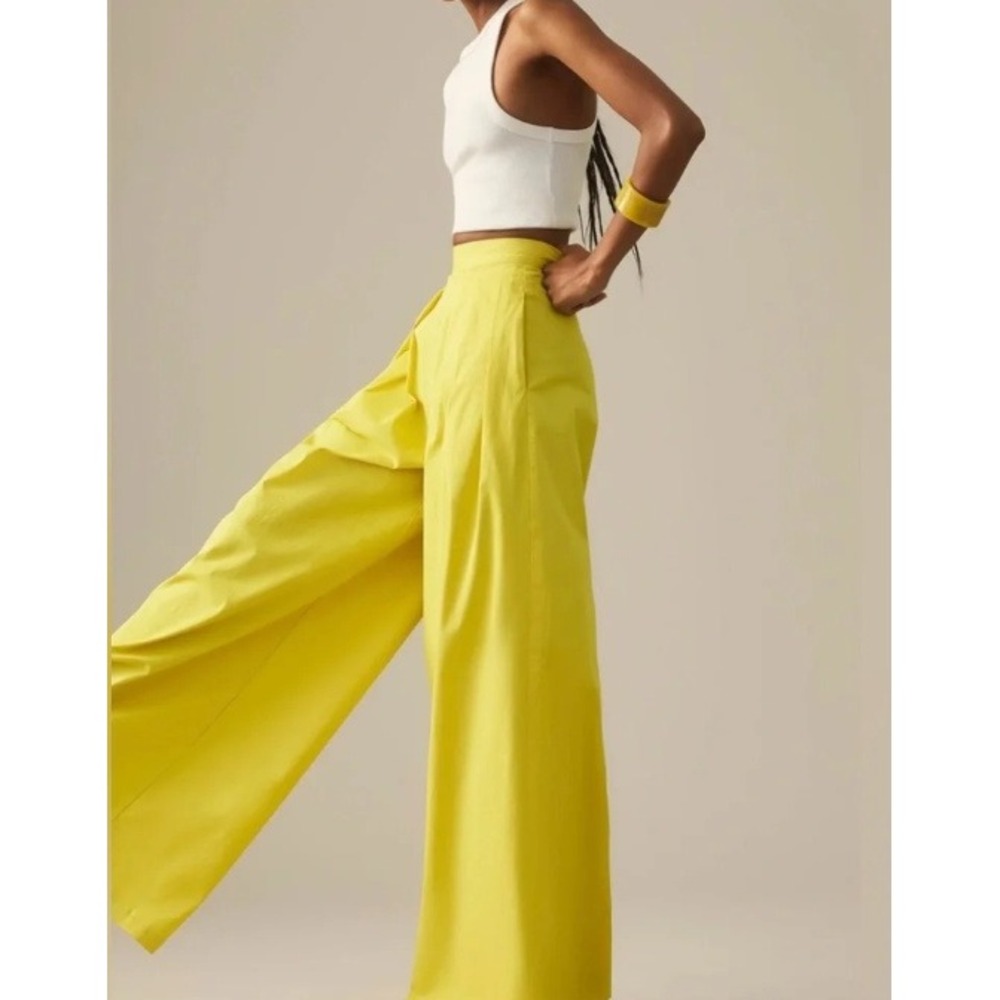 Corey Lynn Calter Yellow Ultra Wide Leg Pleated Cotton Pants Medium Colorful - Picture 2 of 11